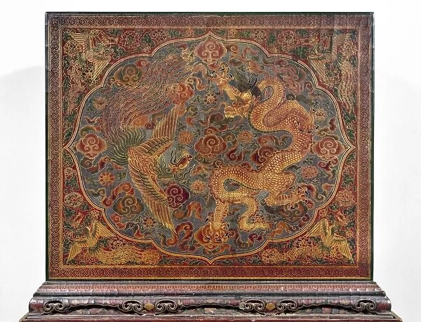 Lacquered panel of a cabinet with dragon, phoenix, and floral design, from the reign of Xuande. Ming Dynasty, 1426-1435