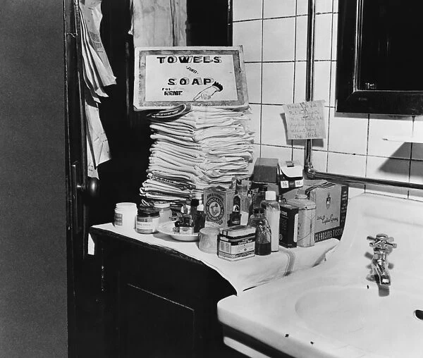 LADIES RESTROOM, 1943. Items for sale in the ladies restroom of a Greyhound bus