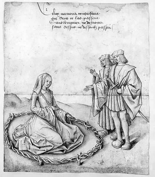 LADY AND SUITORS, c1500. Lady with three suitors. Pen and wash drawing over chalk