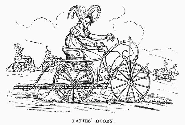 LADY VELOCIPEDIST, c1820. An English velocide rider of the Regency period. Wood engraving, English, c1815-1820