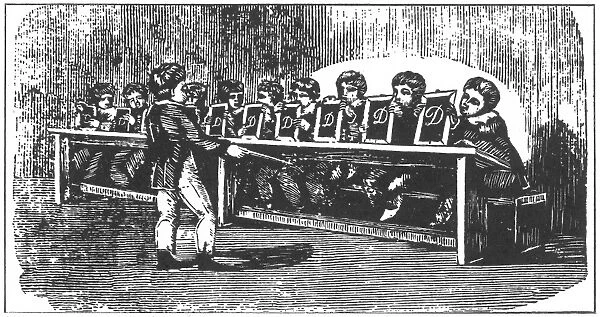 LANCASTER SCHOOL, 1812. A pupil monitor teaching members of his draft at the Lancaster School at Georgetown, District of Columbia. Wood engraving, 1812