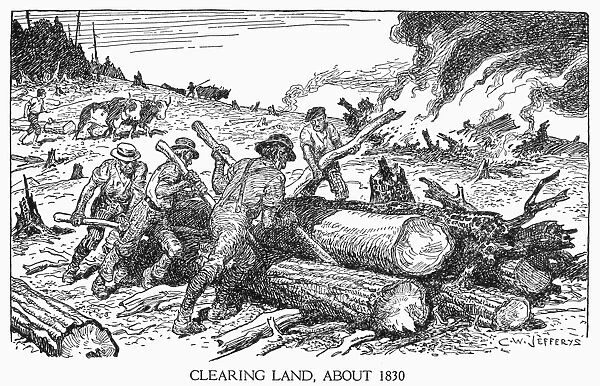 LAND CLEARING, c1830. Settlers clearing the land for farming, c1830. Line drawing by C