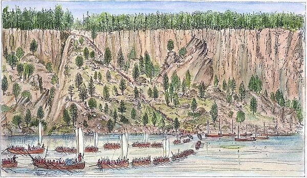The landing of 6, 000 British soldiers under General Cornwallis at the foot of the Jersey Palisades near Fort Lee on the Hudson River, 20 November 1776. Line engraving, 19th century, after a drawing by an English eyewitness