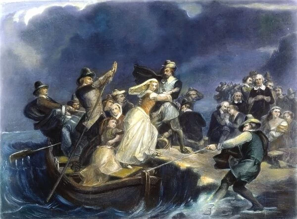 LANDING OF THE PILGRIMS on Plymouth Rock in 1620: steel engraving, 1869, after the painting by Peter F. Rothermel