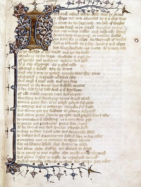LANGLAND: PIERS PLOWMAN. A manuscript page from the Middle English poem The Vision of Piers Plowman by William Langland, c1375
