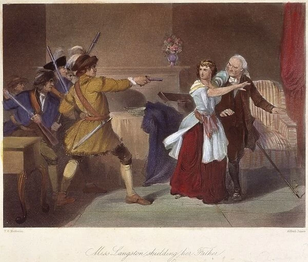 Laodicea Dicey Langston of South Carolina protecting her elderly father, a known supporter of the revolutionary cause, against Loyalist troops during the American Revolution. Mezzotint, 19th century, after a painting by Tompkins Harrison Matteson