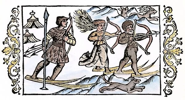 LAPPS SKIING, 1555. Lapp hunters on skis