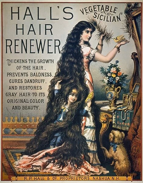 Late 19th century American patent medicine poster for Halls Hair Renewer