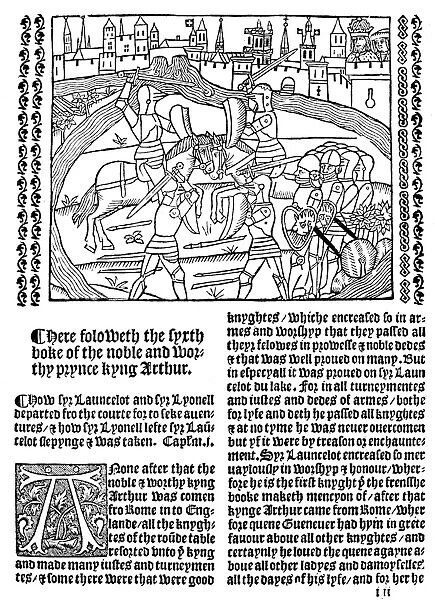 LAUNCELOT OF THE LAKE. Woodcut depicting Launcelot at a tournament, from Wynkyn