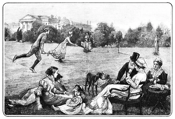 LAWN TENNIS PARTY, 1880. People playing tennis at a garden party in England. Engraving