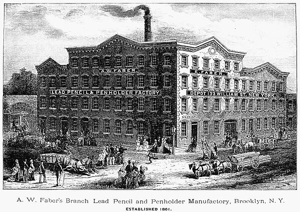LEAD PENCIL FACTORY. A. W. Fabers Lead Pencil and Penholder Manufactory, Brooklyn, New York. American line engraving, 1876