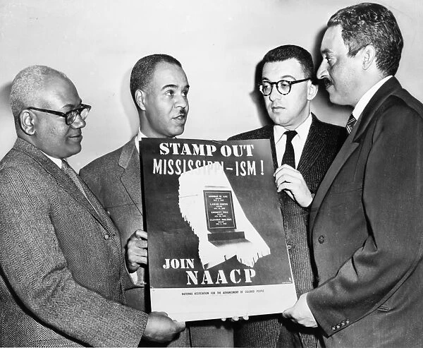 Leaders of the NaCP: Henry L. Moon, Roy Wilkins, Herbert Hill and Thurgood Marshall. Photograph, 1956
