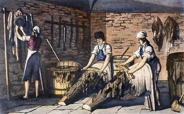 LEATHER MANUFACTURE, 1800. Cleaning and liming hides. Aquatint engraving, c1800