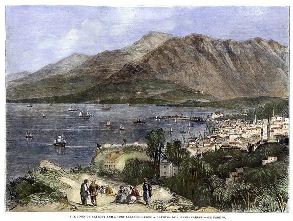 LEBANON: BEIRUT, 1860. The city of Beirut at the foot of Mount Lebanon. Colored engraving, English, 1860