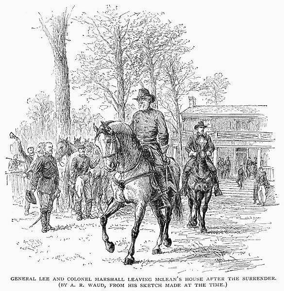 LEEs SURRENDER, 1865. General Robert E. Lee leaving the McLean House after the Confederate surrender at Appomattox, Virginia, 9 April 1865. Engraving after a contemporary drawing by A. R. Waud