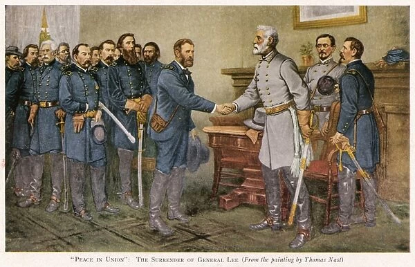 LEEs SURRENDER 1865. Peace in Union. The surrender of General Lee to General Grant at Appomattox Court House, Virginia, 9 April 1865. Reproduction of a painting by Thomas Nast