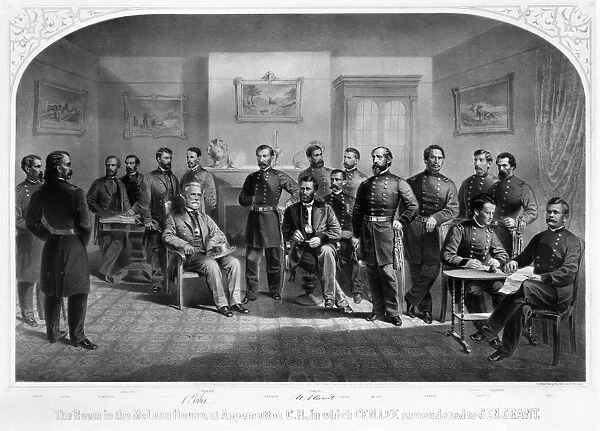 LEEs SURRENDER, 1865. The surrender of General Lee to General Grant at Appomattox Court House