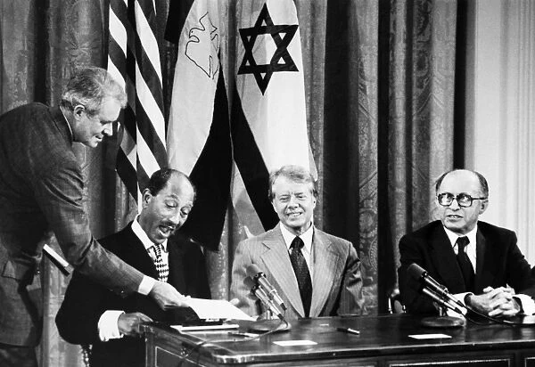 From left: President Anwat Sadat of Egypt, United States President Jimmy Carter and Prime Minister Menachem Begin of Israel at a press conference during the Camp David Summit in Maryland, September 1978