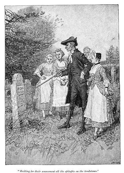 LEGEND OF SLEEPY HOLLOW. Reciting for their amusement all of the epitaphs on the tombstone. Illustration from Washington Irvings The Legend of Sleepy Hollow. ood engraving, late 19th century, after George Henry Boughton
