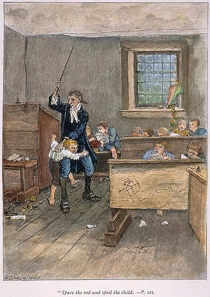 LEGEND OF SLEEPY HOLLOW. Spare the rod and spoil the child. The Yankee schoolmaster Ichabod Crane in the classroom. Line engraving after George Henry Boughton from a late 19th century edition of The Legend of Sleepy Hollow by Washington Irving