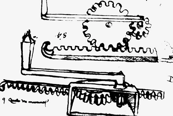 Leonard Da Vincis drawing of a lifting jack, comprised of a cranked handle, rack, and reducing gears