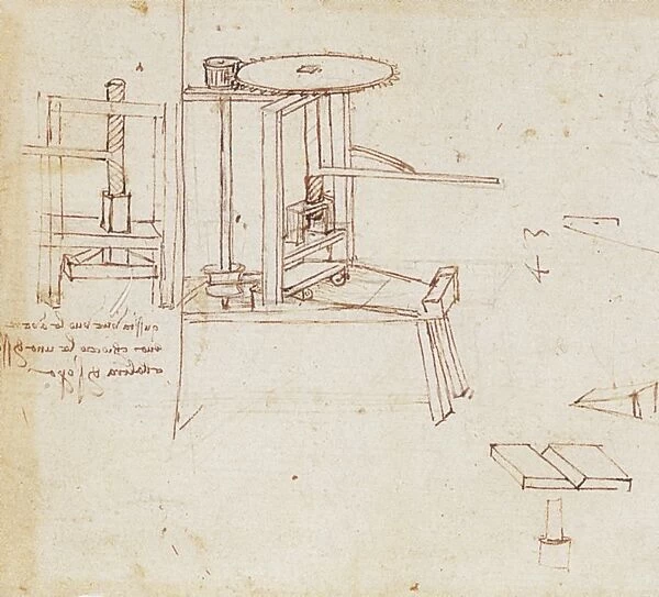 Leonardo da Vincis diagram of a typographical press with automatic page-feeder. Manuscript, c1480-1482