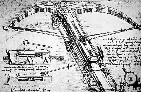 Leonardo da Vincis drawing of a giant crossbow on wheels