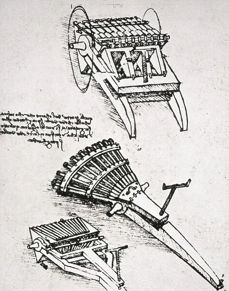 Leonardo da Vincis drawing for military hardware, including machine gun