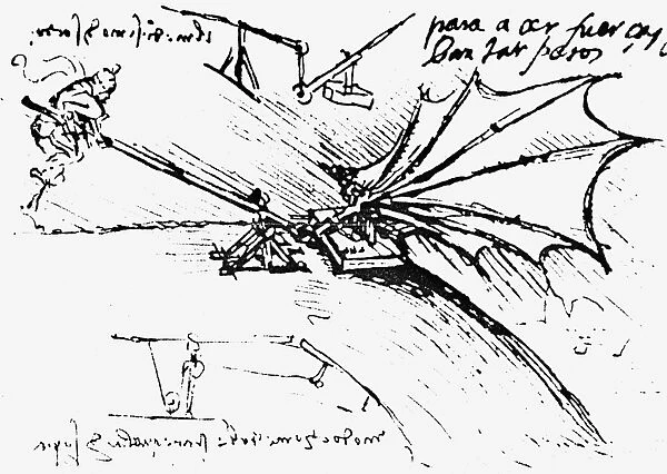 Leonardo da Vincis drawing of a wing-testing rig for an ornithopter wing, 1486-1490