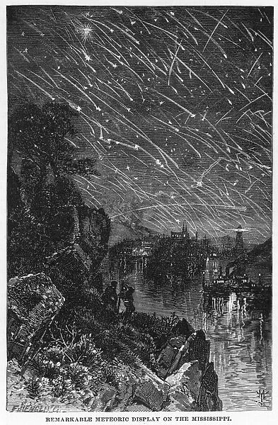 LEONID METEOR SHOWER, 1833. Meteor showers over the Mississippi River of 13 November 1833: wood engraving, 19th century