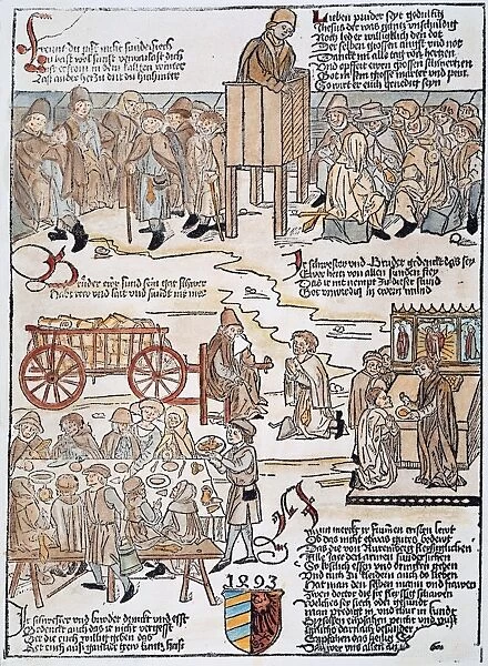 Lepers Banquet at Nuremberg. A German popular woodcut, 1493, reflecting the conditions of lepers, who were allowed to enter the city only on certain holidays, when they attended Mass, said Confession, took Communion, and feasted before returning to everyday isolation