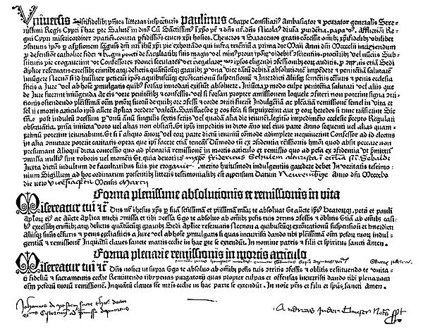 LETTER OF INDULGENCE, 1455. A letter of Indulgence (Ablass-brief) printed in 1455