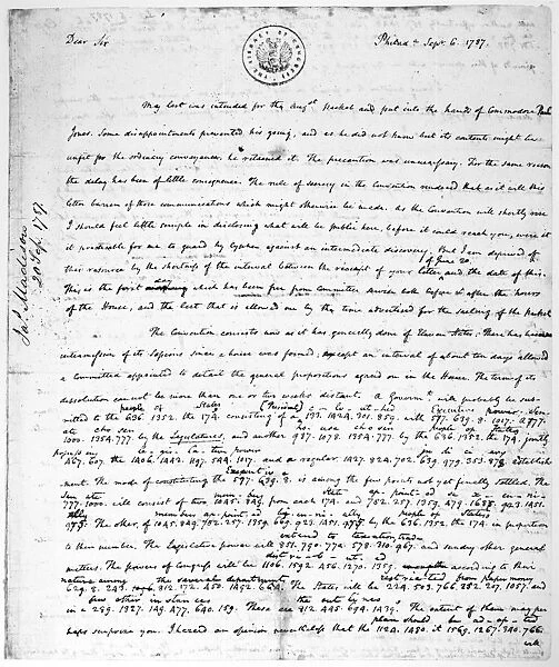 Letter of James Madison from the Constitutional Convention at Philadelphia to Thomas Jefferson at Paris, 6 September 1787, showing the use of ciphers in the correspondence between the two statesmen