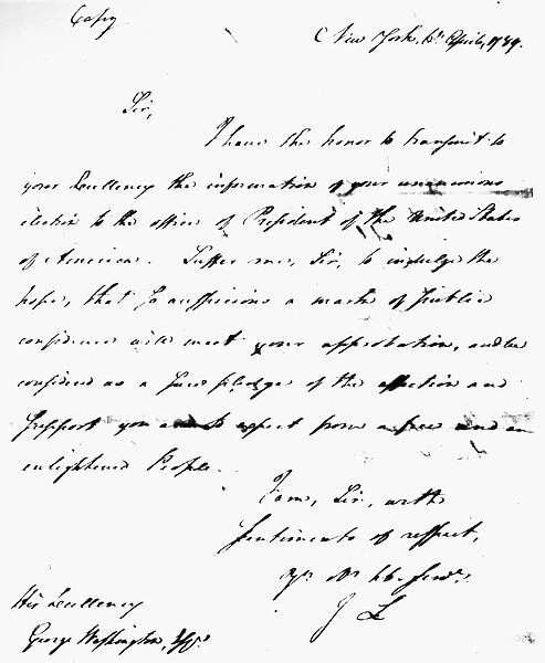 Letter from John Langdon, president pro tem of the Senate, informing General George Washington of his unanimous election to the office of President of the United States of America by the electoral college, 6 April 1789