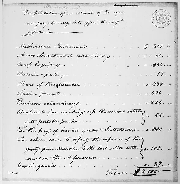 LEWIS: EXPEDITION SUMMARY. Estimate by Meriwether Lewis of the sum necessary to