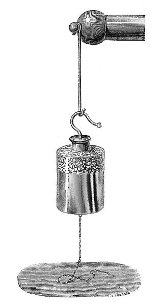 LEYDEN JAR. A Leyden jar connected to an electricity conductor. Engraving, French