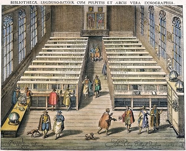 LEYDEN: LIBRARY, 1610. Interior of the library of the University of Leyden in the Netherlands. Colored engraving, 1610, by Jan Cornelis Woudanus
