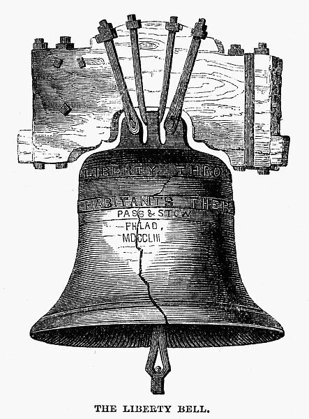 LIBERTY BELL. The Liberty Bell from Independence Hall in Philadelphia, Pennsylvania. Line engraving, 19th century