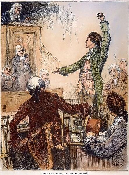 Give Me Liberty or Give Me Death! Patrick Henry delivers his great speech on the rights of the colonies before the Virginia Assembly, convened at Richmond, 23 March 1775. Wood engraving, American, 1876