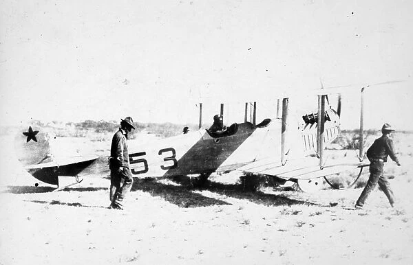 Lieutenant Carleton G. Chapman in US Signal Corps No. 53 preparing for takeoff at Casas Grandes, Chihuahua, Mexico, during the American punitive expedition into Mexico to capture Pancho Villa, 1916