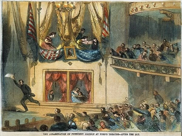 LINCOLN ASSASSINATION. The assassination of President Abraham Lincoln by John Wilkes Booth at Fords Theatre, Washington, D. C. 14 April 1865. Contemporary wood engraving