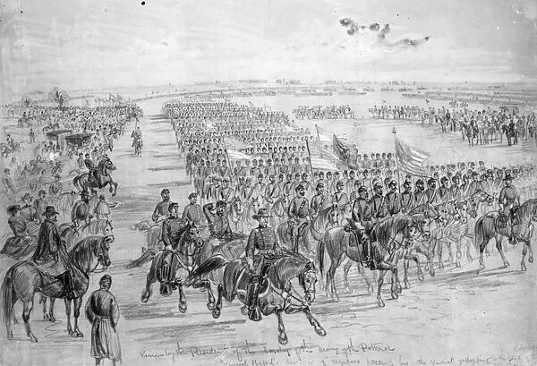 LINCOLN REVIEWING ARMY. President Abraham Lincoln reviewing the cavalry of the Army of the Potomac, 9 April 1865. Pencil drawing by Alfred R. Waud, 1865