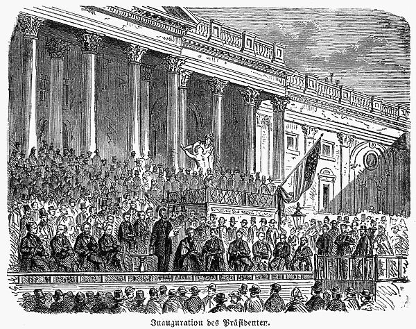 LINCOLNs INAUGURATION, 1861. President Abraham Lincoln giving his address at his first inauguration as President of the United States, 4 March 1861, in Washington, D. C. Contemporary German wood engraving