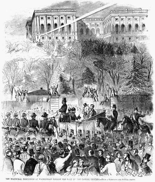 LINCOLNs INAUGURATION. Abraham Lincoln arriving at the Capitol, in an open carriage with outgoing President James Buchanan, for his inauguration as 16th President of the United States on 4 March 1861. Wood engraving from a contemporary newspaper