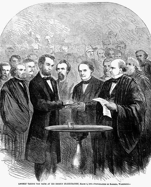 LINCOLNs INAUGURATION. President Abraham Lincoln taking the oath of office at his second inauguration, 4 March 1865. Wood engraving from a contemporary American newspaper after a photograph by Alexander Gardner