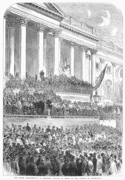 LINCOLNs INAUGURATION. The Second Inauguration of Abraham Lincoln as President of the United States, at Washington, D. C. on 4 March 1865. Wood engraving from a contemporary English newspaper
