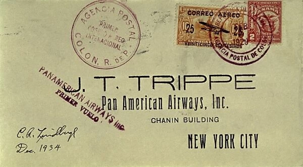 LINDBERGH COVER, 1928. Letter flown by Charles A. Lindbergh in 1928 from Panama to New York