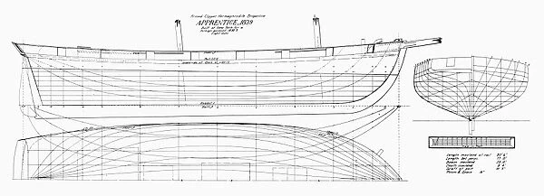 Lines of the eight-gun clipper hermaphrodite brigantine Apprentice, built in New York City for a foreign account, c1839