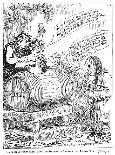 LIQUOR TAX CARTOON, 1796. The Wine Duty, or The Triumph of Bacchus and Silenus