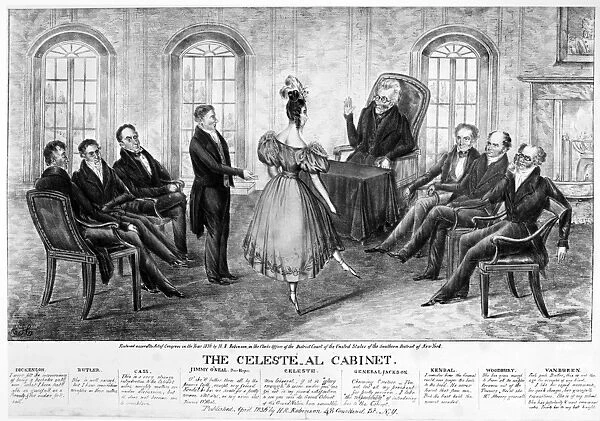 Lithograph cartoon satirizing Andrew Jacksons cabinet meeting held to discuss the social uproar in Washington over Peggy O Neale Eaton